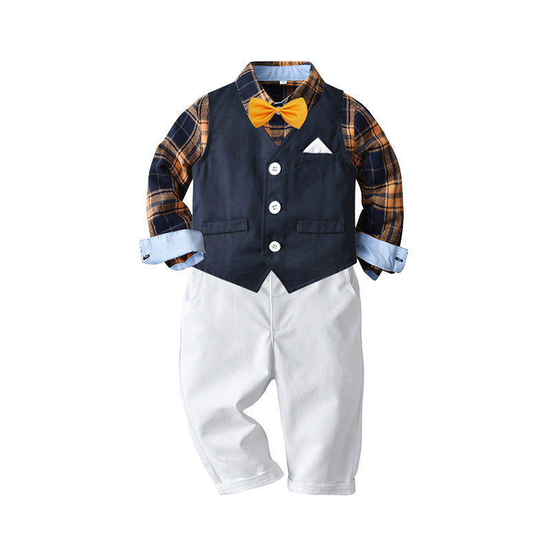 3 Pieces Set Baby Kid Boys Birthday Party Checked Bow Shirts And Solid Color Vests Waistcoats And Pants Wholesale 221214213