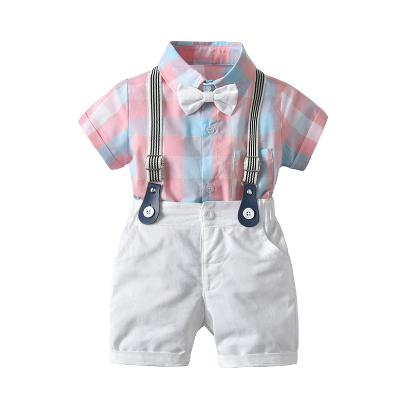 2 Pieces Set Baby Boys Dressy Birthday Party Color-blocking Checked Bow Rompers And Solid Color Rompers Wholesale 22121423