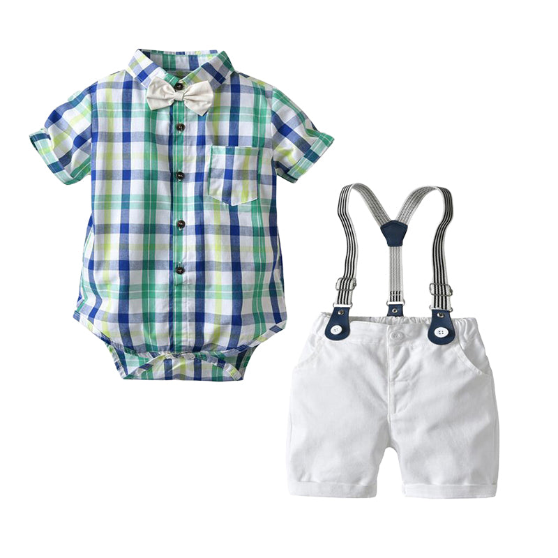 2 Pieces Set Baby Boys Dressy Birthday Party Color-blocking Checked Bow Rompers And Solid Color Rompers Wholesale 22121423