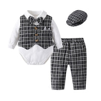 Load image into Gallery viewer, 3 Pieces Set Baby Boys Birthday Party Solid Color Bow Rompers Checked Vests Waistcoats And Pants Wholesale 221214235
