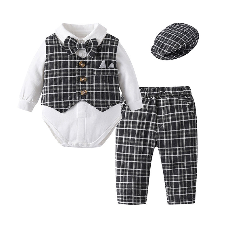 3 Pieces Set Baby Boys Birthday Party Solid Color Bow Rompers Checked Vests Waistcoats And Pants Wholesale 221214235