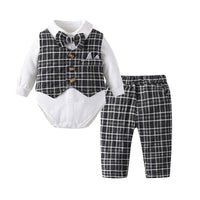 Load image into Gallery viewer, 3 Pieces Set Baby Boys Birthday Party Solid Color Bow Rompers Checked Vests Waistcoats And Pants Wholesale 221214235
