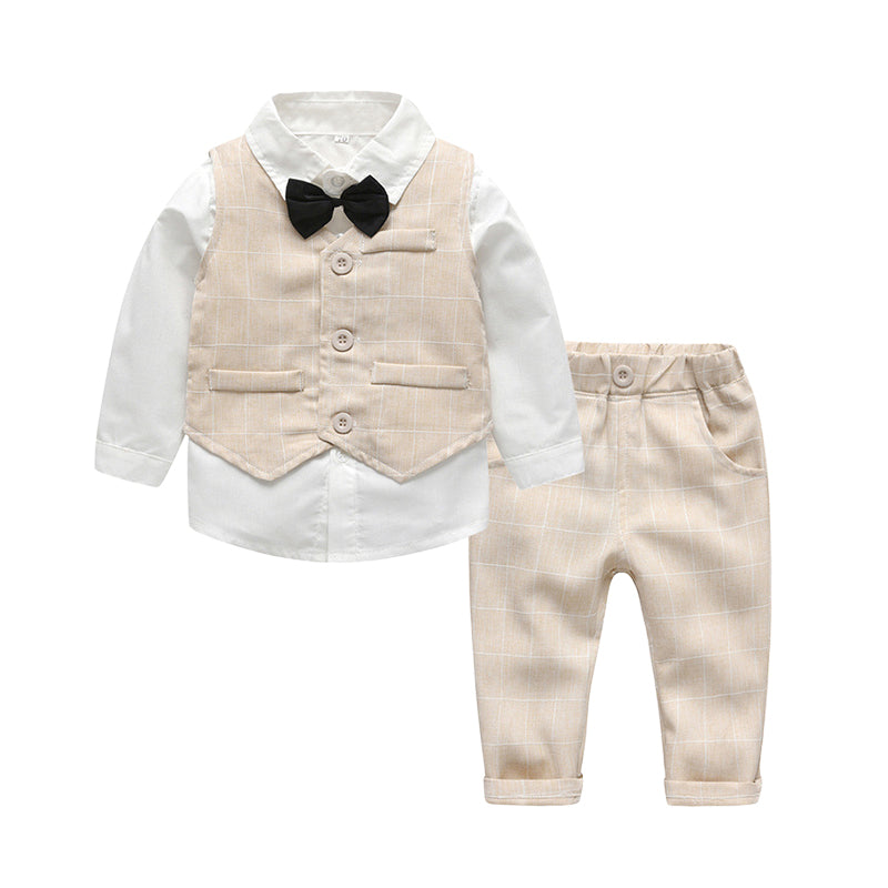 3 Pieces Set Baby Kid Boys Birthday Solid Color Bow Shirts Checked Vests Waistcoats And Pants Wholesale 22121433