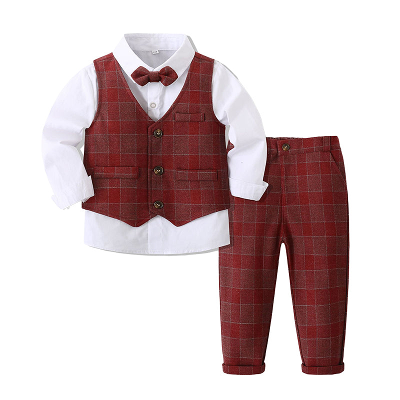 3 Pieces Set Baby Kid Boys Birthday Party Bow Shirts Checked Vests Waistcoats And Pants Wholesale 221214406