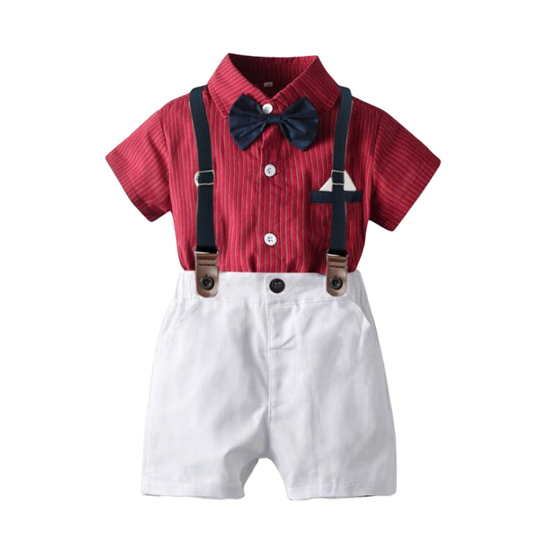 2 Pieces Set Baby Kid Boys Birthday Striped Bow Shirts And Solid Color Rompers Wholesale 22121446