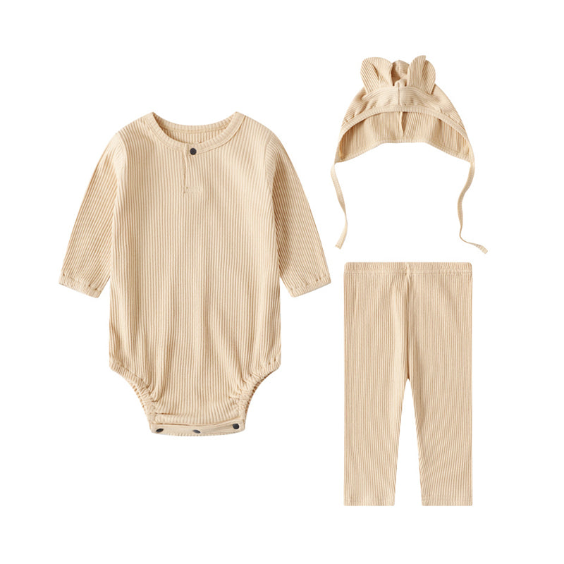 3 Pieces Set Baby Unisex Solid Color Muslin&Ribbed Rompers And Pants And Hats Wholesale 22121447