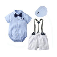 Load image into Gallery viewer, 3 Pieces Set Baby Boys Birthday Solid Color Bow Rompers And Animals Cartoon Print Hats Wholesale 22121452
