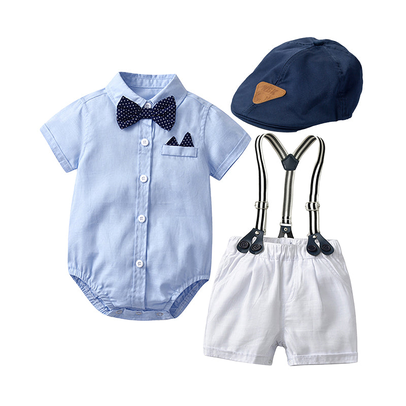 3 Pieces Set Baby Boys Birthday Solid Color Bow Rompers And Animals Cartoon Print Hats Wholesale 22121452