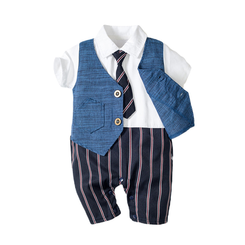 Baby Boys Striped Color-blocking Bow Birthday Party Jumpsuits Wholesale 22121460