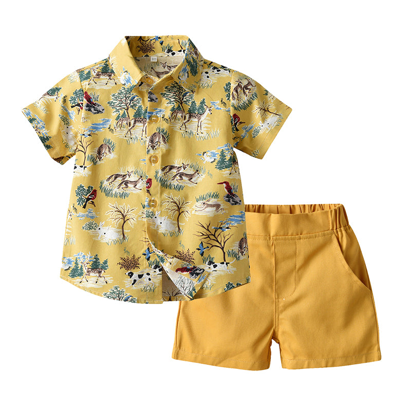 2 Pieces Set Baby Kid Boys Animals Cartoon Print Shirts And Solid Color Shorts Wholesale 22121469