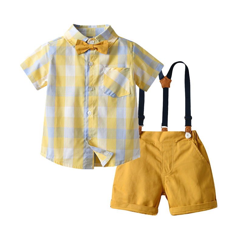 2 Pieces Set Baby Kid Boys Checked Bow Shirts And Solid Color Rompers Wholesale 22121473