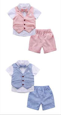 Load image into Gallery viewer, 3 Pieces Set Baby Kid Boys Bow Shirts And Solid Color Vests Waistcoats And Shorts Wholesale 22121475
