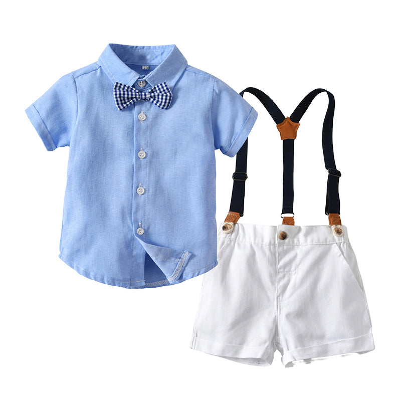 2 Pieces Set Baby Kid Boys Birthday Checked Bow Shirts And Solid Color Rompers Wholesale 22121476