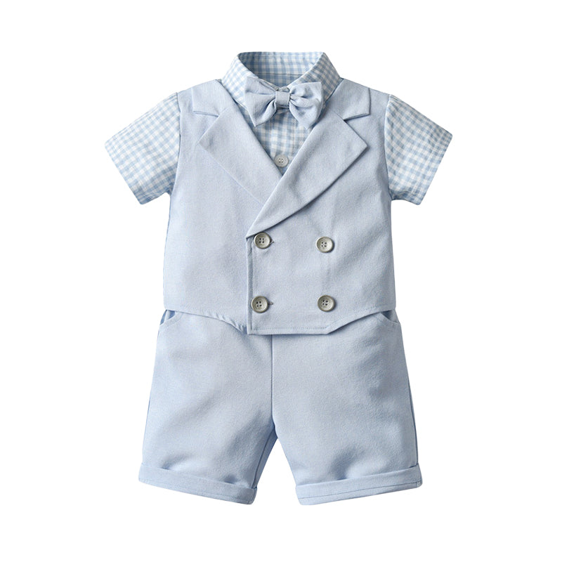 2 Pieces Set Baby Kid Boys Dressy Checked Bow Shirts And Solid Color Shorts Suits Wholesale 22121478