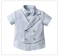 Load image into Gallery viewer, 2 Pieces Set Baby Kid Boys Dressy Checked Bow Shirts And Solid Color Shorts Suits Wholesale 22121478

