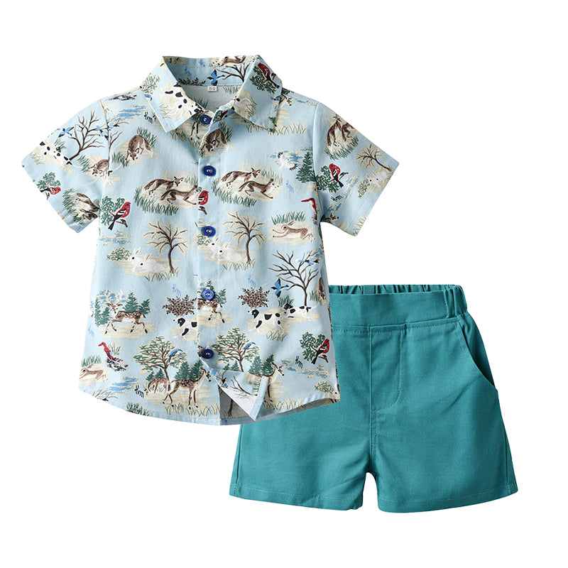 2 Pieces Set Baby Kid Boys Animals Cartoon Print Shirts And Solid Color Shorts Wholesale 22121479