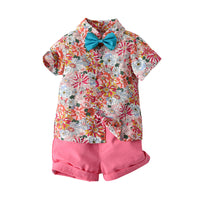 Load image into Gallery viewer, 2 Pieces Set Baby Kid Boys Birthday Party Flower Bow Print Shirts And Solid Color Shorts Wholesale 22121482
