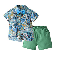 Load image into Gallery viewer, 2 Pieces Set Baby Kid Boys Birthday Party Flower Bow Print Shirts And Solid Color Shorts Wholesale 22121482
