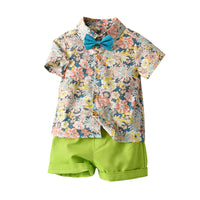 Load image into Gallery viewer, 2 Pieces Set Baby Kid Boys Birthday Party Flower Bow Print Shirts And Solid Color Shorts Wholesale 22121482
