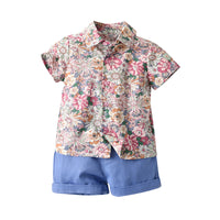 Load image into Gallery viewer, 2 Pieces Set Baby Kid Boys Birthday Party Flower Bow Print Shirts And Solid Color Shorts Wholesale 22121482
