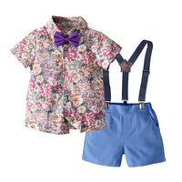 Load image into Gallery viewer, 2 Pieces Set Baby Kid Boys Birthday Party Flower Bow Print Shirts And Solid Color Shorts Wholesale 22121482
