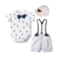 Load image into Gallery viewer, 3 Pieces Set Baby Boys Solid Color Cartoon Bow Print Rompers And Letters Hats Wholesale 22121485
