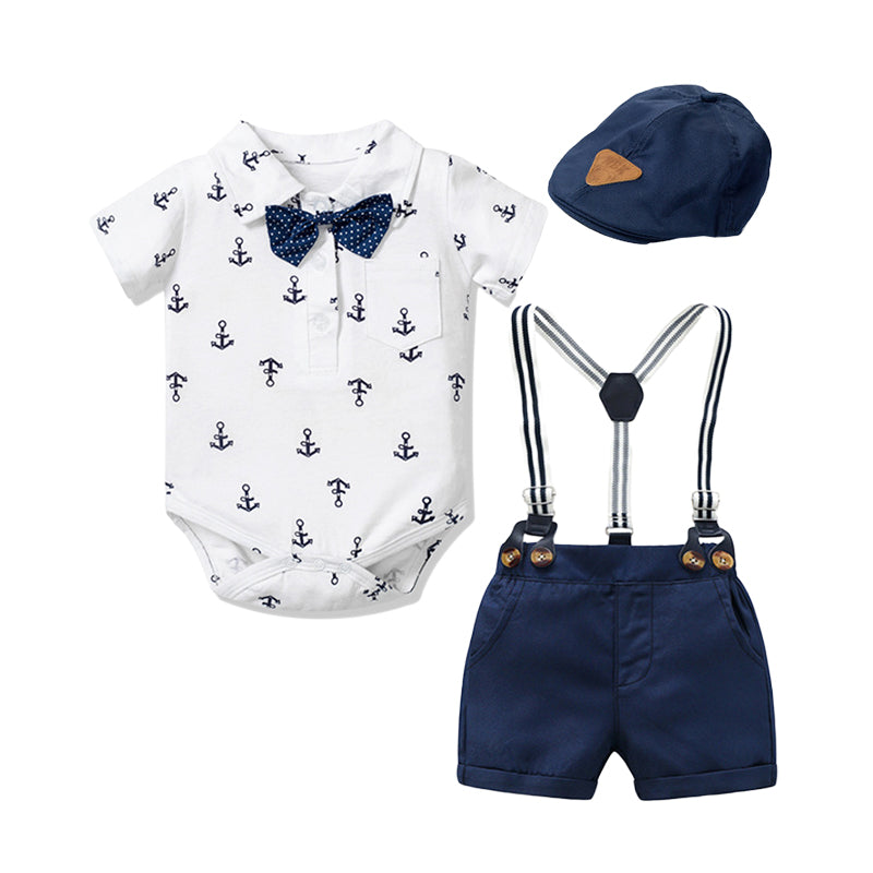 3 Pieces Set Baby Boys Solid Color Cartoon Bow Print Rompers And Letters Hats Wholesale 22121485