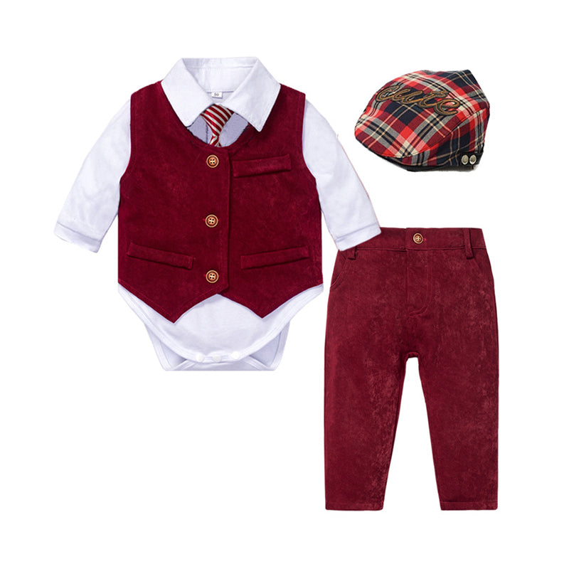 4 Pieces Set Baby Boys Birthday Bow Rompers Solid Color Vests Waistcoats Pants Letters And Checked Hats Wholesale 22121486