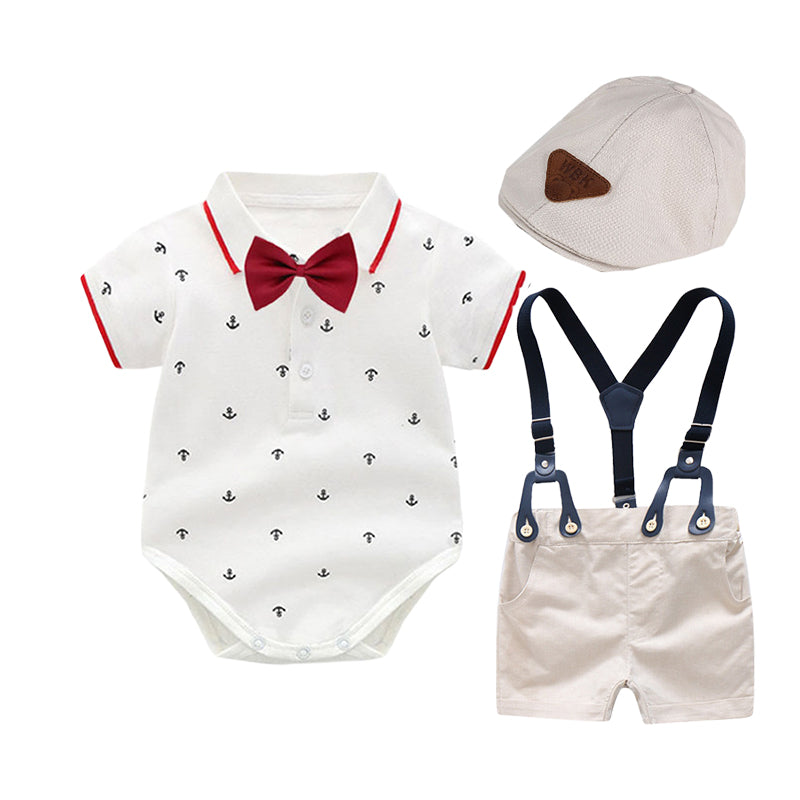 2 Pieces Set Baby Boys Dressy Bow Print Rompers And Shorts Hats Wholesale 22121490