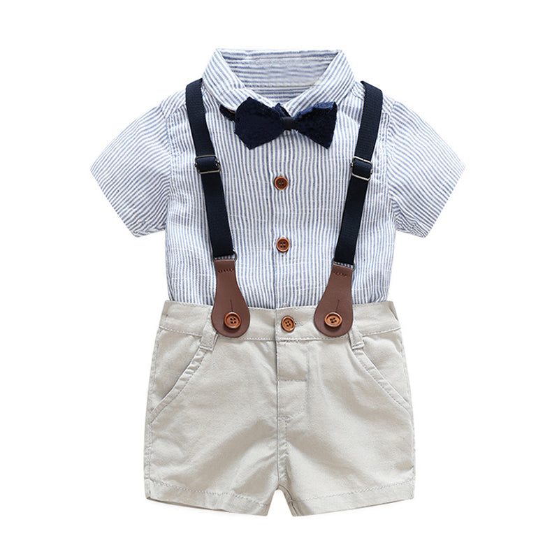 2 Pieces Set Baby Kid Boys Striped Bow Shirts And Solid Color Rompers Wholesale 22121497