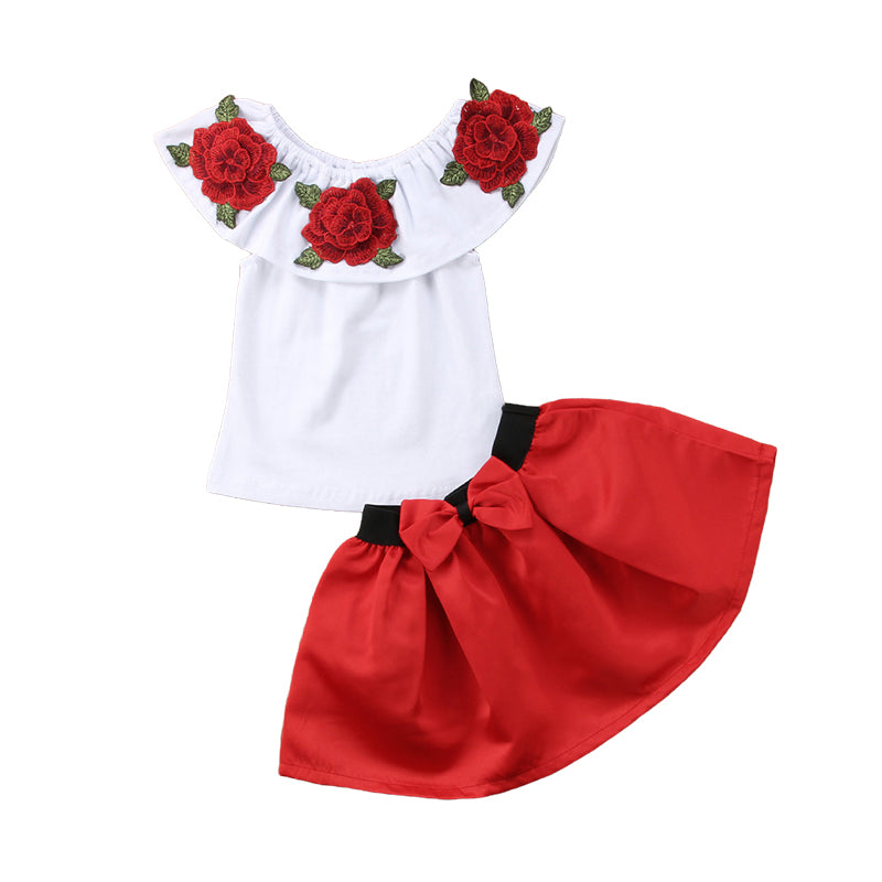 2 Pieces Set Baby Kid Girls Flower Print Tops Color-blocking And Bow Skirts Wholesale 22121602