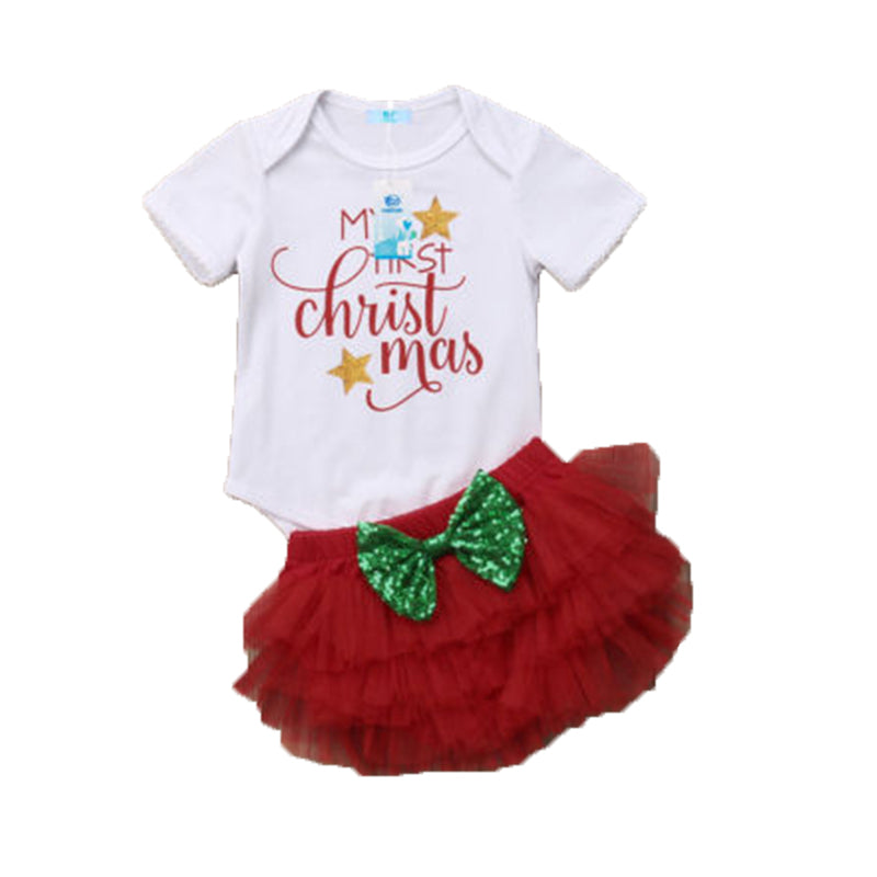 2 Pieces Set Baby Girls Christmas Letters Bow Rompers And Lace Shorts Wholesale 22121608