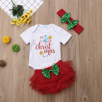 Load image into Gallery viewer, 2 Pieces Set Baby Girls Christmas Letters Bow Rompers And Lace Shorts Wholesale 22121608
