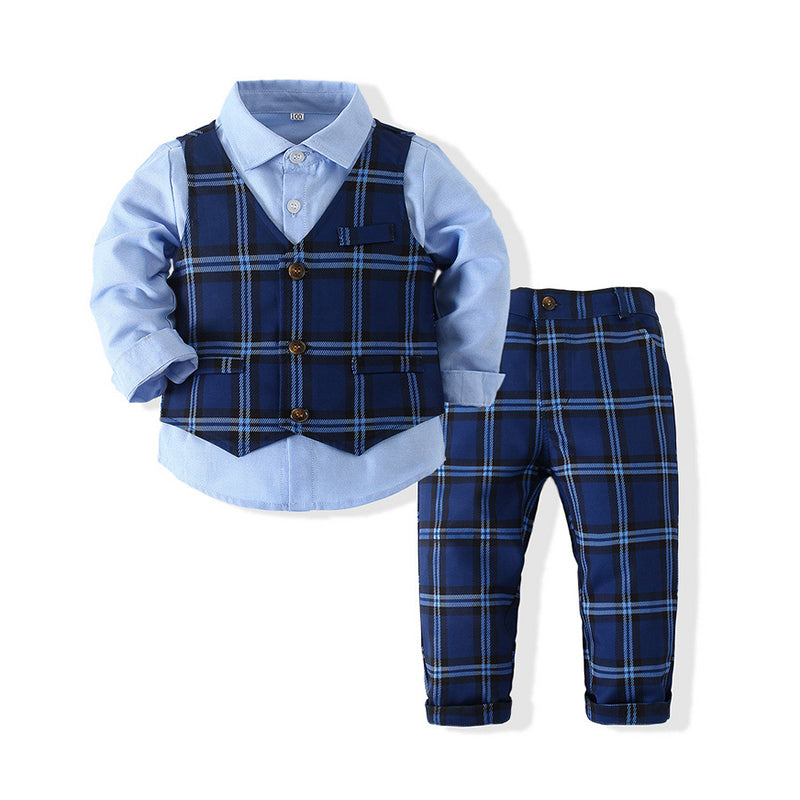 3 Pieces Set Baby Kid Boys Birthday Party Solid Color Shirts And Checked Vests Waistcoats And Pants Wholesale 221216105