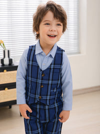Load image into Gallery viewer, 3 Pieces Set Baby Kid Boys Birthday Party Solid Color Shirts And Checked Vests Waistcoats And Pants Wholesale 221216105
