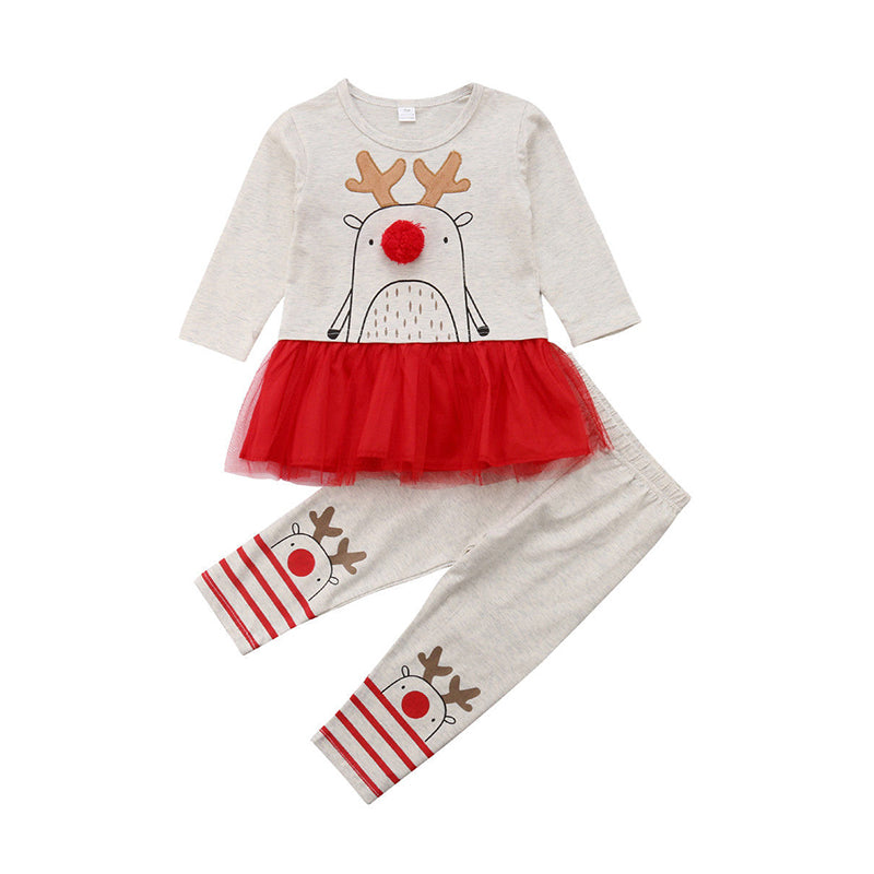 2 Pieces Set Baby Kid Girls Christmas Color-blocking Cartoon Print Tops And Pants Wholesale 22121613