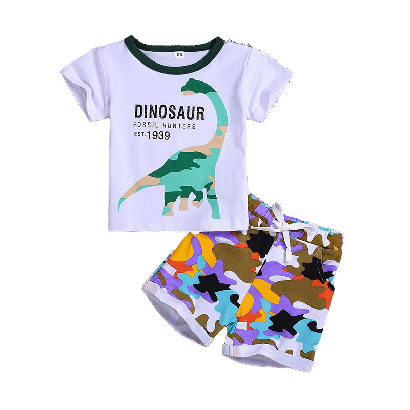2 Pieces Set Baby Kid Boys Letters Dinosaur T-Shirts And Camo Shorts Wholesale 221216136
