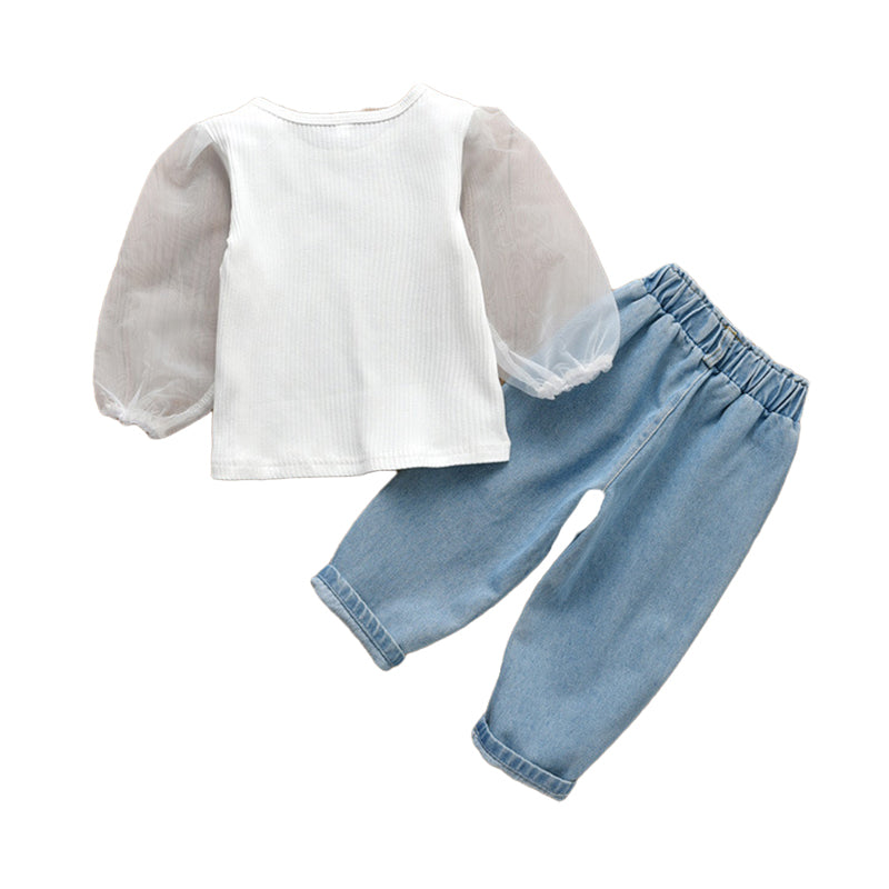 2 Pieces Set Baby Kid Girls Muslin&Ribbed Tops And Solid Color Jeans Wholesale 221216151