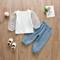 Load image into Gallery viewer, 2 Pieces Set Baby Kid Girls Muslin&amp;Ribbed Tops And Solid Color Jeans Wholesale 221216151

