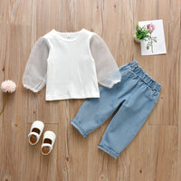 Load image into Gallery viewer, 2 Pieces Set Baby Kid Girls Muslin&amp;Ribbed Tops And Solid Color Jeans Wholesale 221216151
