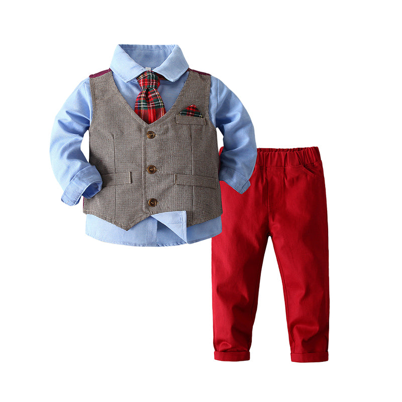 3 Pieces Set Baby Kid Boys Birthday Party Solid Color Bow Shirts Checked Vests Waistcoats And Pants Wholesale 221216165