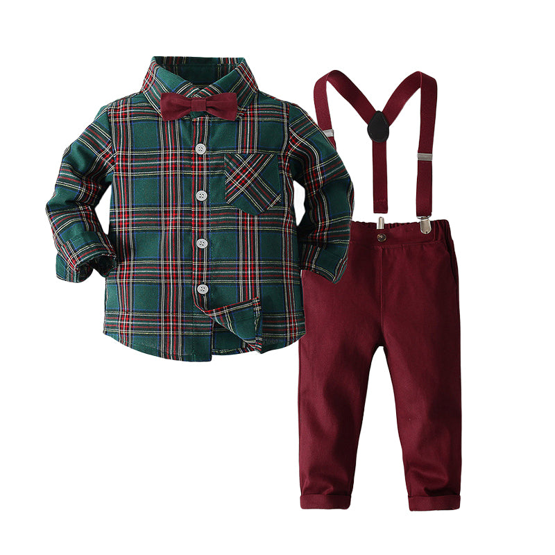 2 Pieces Set Baby Kid Boys Dressy Birthday Party Checked Bow Shirts And Solid Color Jumpsuits Wholesale 221216169