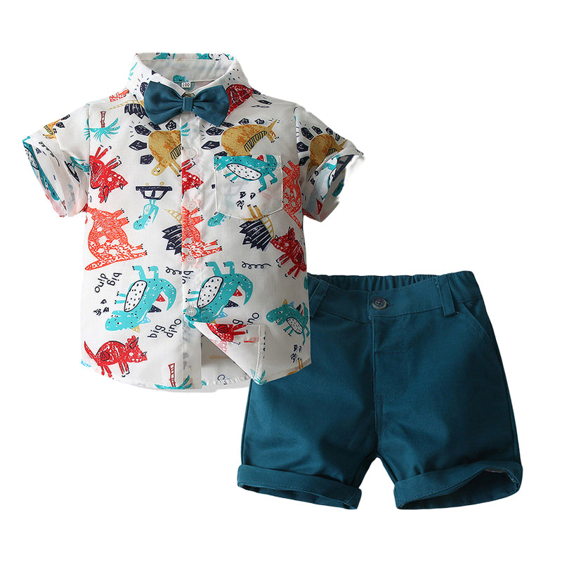 2 Pieces Set Baby Kid Boys Dressy Party Dinosaur Animals Cartoon Bow Print Shirts And Solid Color Shorts Wholesale 221216171