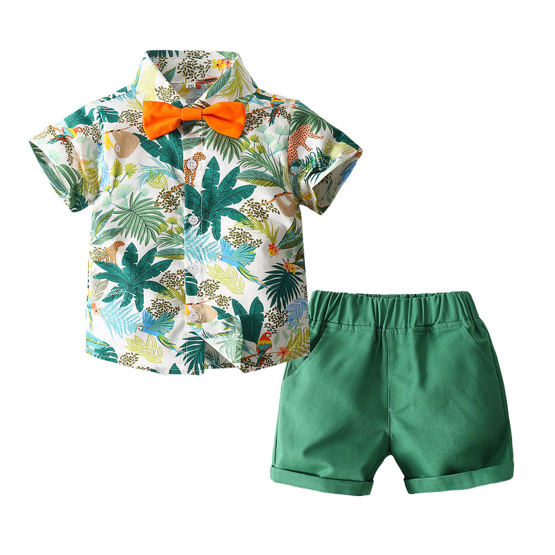 2 Pieces Set Baby Kid Boys Beach Tropical Bow Shirts And Solid Color Shorts Wholesale 221216176