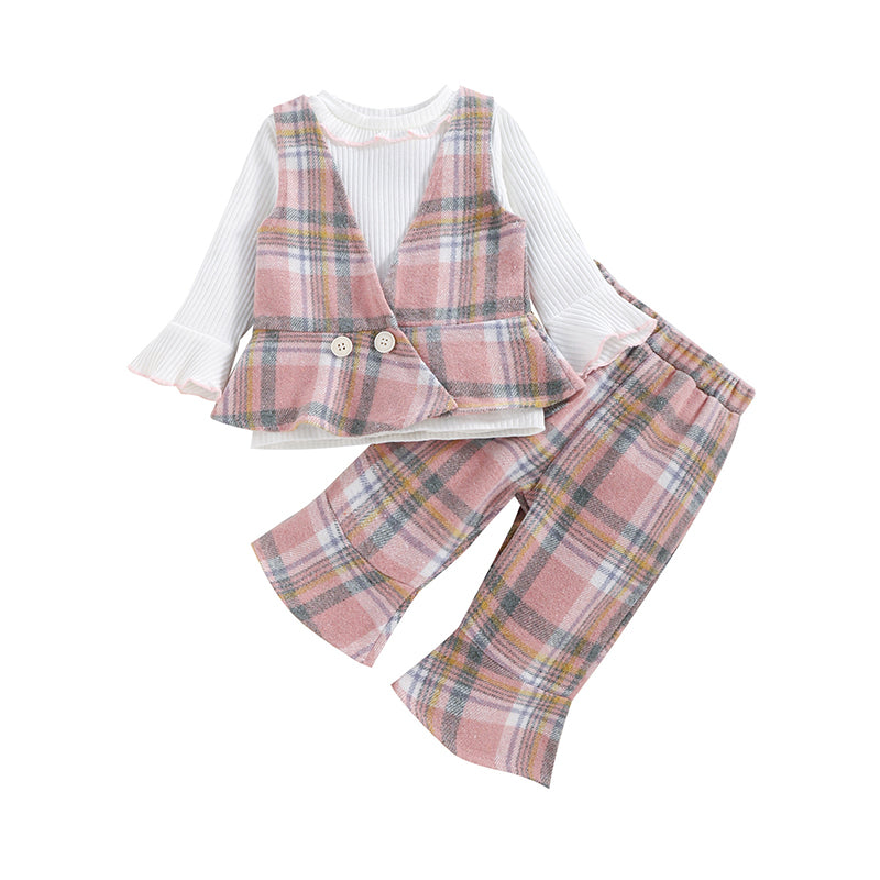 3 Pieces Set Baby Kid Girls Solid Color Tops And Checked Vests Waistcoats And Pants Wholesale 221216186