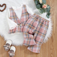 Load image into Gallery viewer, 3 Pieces Set Baby Kid Girls Solid Color Tops And Checked Vests Waistcoats And Pants Wholesale 221216186
