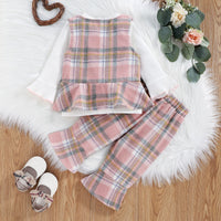 Load image into Gallery viewer, 3 Pieces Set Baby Kid Girls Solid Color Tops And Checked Vests Waistcoats And Pants Wholesale 221216186
