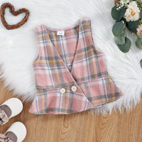 Load image into Gallery viewer, 3 Pieces Set Baby Kid Girls Solid Color Tops And Checked Vests Waistcoats And Pants Wholesale 221216186
