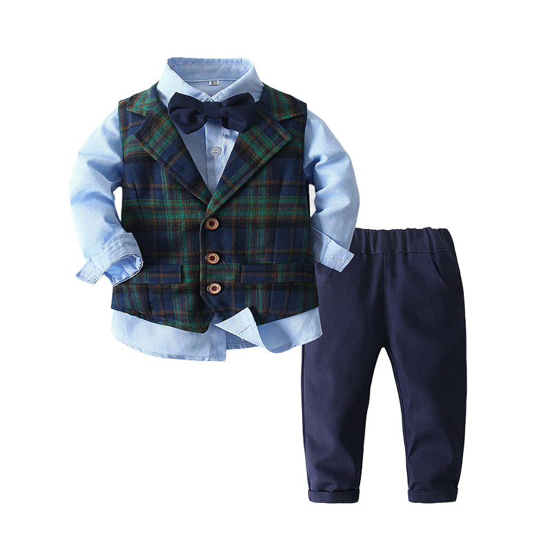 3 Pieces Set Baby Kid Boys Birthday Party Solid Color Bow Shirts Checked Vests Waistcoats And Pants Wholesale 221216191