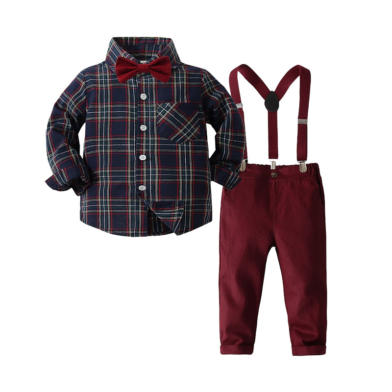 2 Pieces Set Baby Kid Boys Birthday Party Checked Bow Shirts And Solid Color Jumpsuits Wholesale 221216196